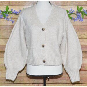 E&M Beige V-Neck Balloon Sleeve Button Up Crop Cardigan Sweater Size M Neutral